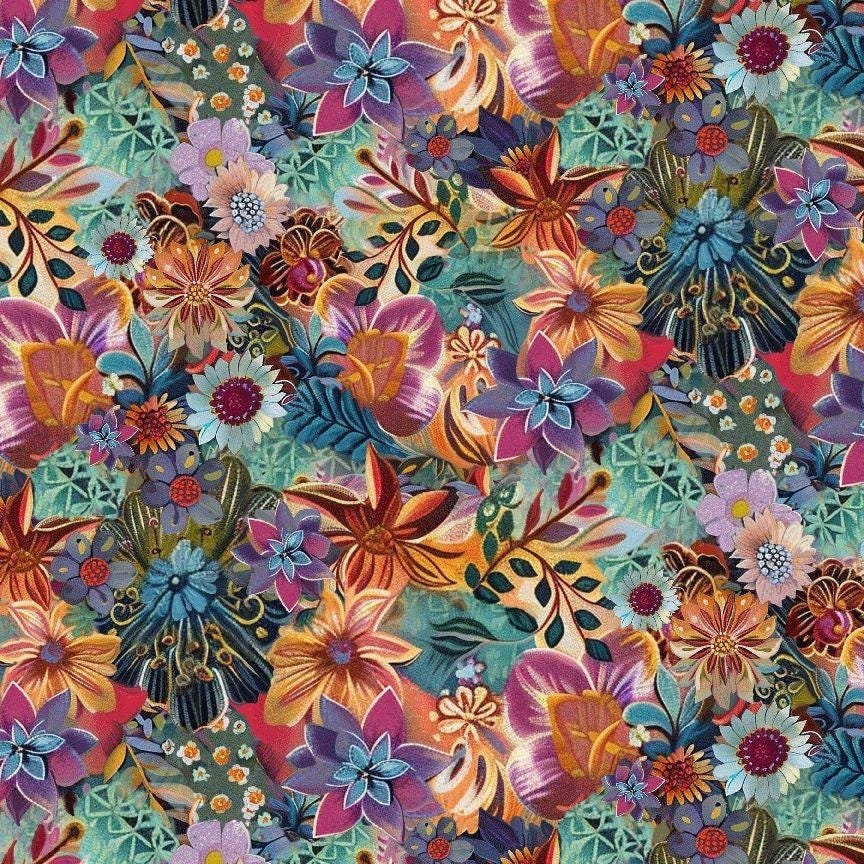 Calico Cat Boho Packed Floral Timeless Treasures CD4117 Sage sold by the 1/2 yd.