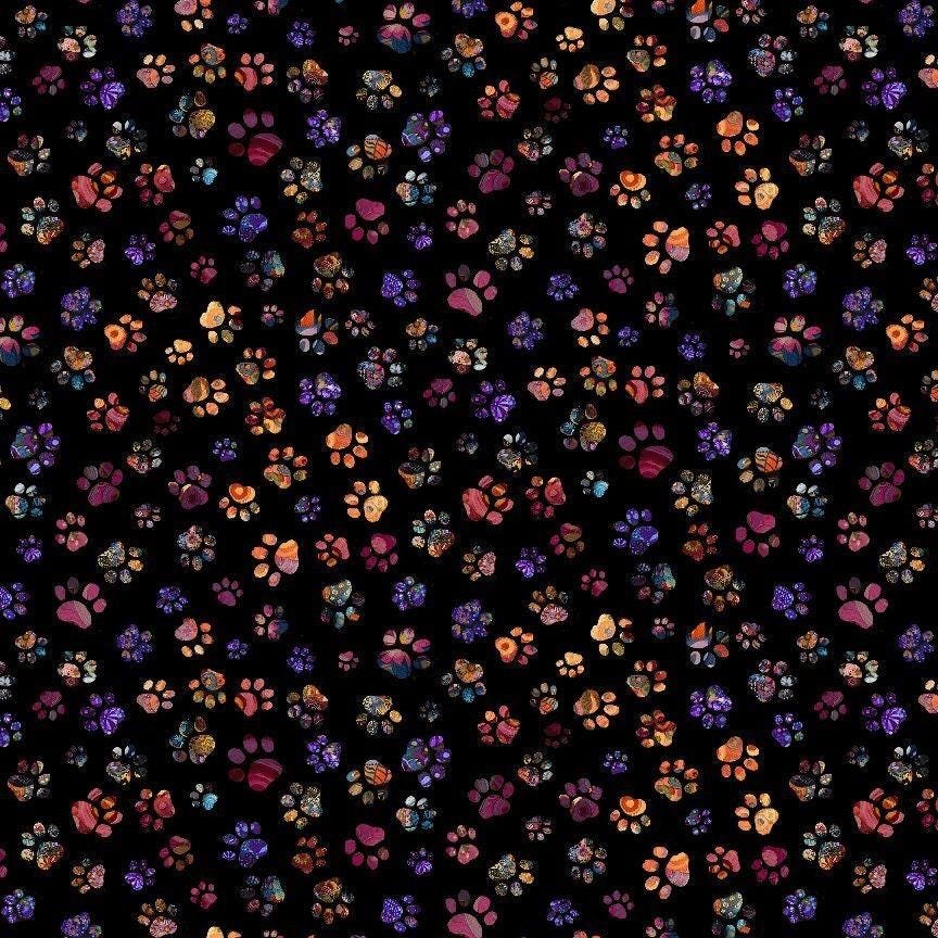 Calico Cat Floral Paw Prints by Timeless Treasures CD4115 Black sold by the 1/2 yd.