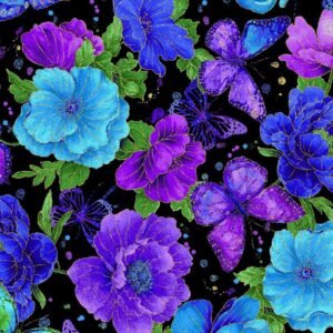 Evening Glow Floral & Butterflies Metallic by Chong-a Hwang for Timeless Treasures CM4101 Black sold by the 1/2 yd.