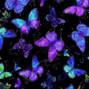 Evening Glow Flying Butterflies Metallic by Chong-a Hwang for Timeless Treasures CM4102 Multi sold by the 1/2 yd.