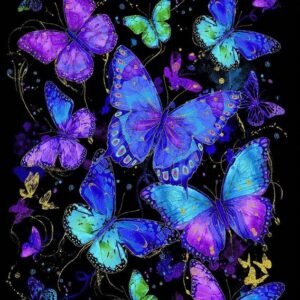 Evening Glow Butterfly Panel Metallic by Chong-a Hwang for Timeless Treasures CM4100 Black 24"X44"