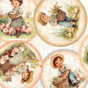 Lil' Farmers Circle Vignettes by QT Fabrics 31905-E Oatmeal sold by the 1/2 yd.