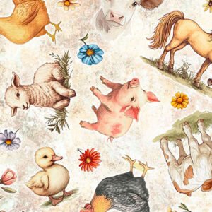 Lil' Farmers Farm Animal Toss by Texture QT Fabrics 31906-E Oatmeal sold by the 1/2 yd.