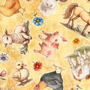 Lil' Farmers Farm Animal Toss by Texture QT Fabrics 31906-S Marigold sold by the 1/2 yd.