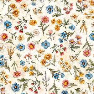 Lil' Farmers Floral Toss by Texture QT Fabrics 31907-E Oatmeal sold by the 1/2 yd.
