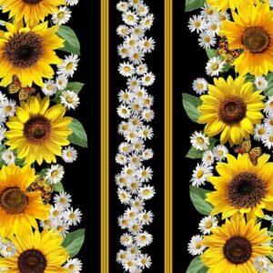 Sunflowers and Butterflies 11" Stripe by Timeless Treasures CD2922 Black sold by the 1/2 yd.