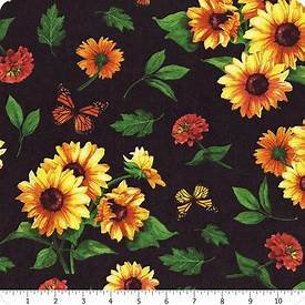 Sunshine Whispers Sunflowers with Butterflies by Bruce Park for Wilmington Prints 28654-975 Black sold by the 1/2 yd.