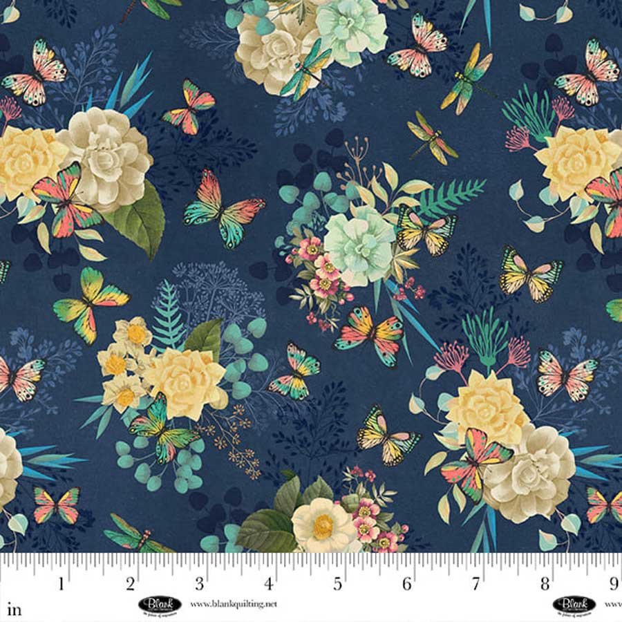 Birds & Blooms Floral with Butterflies by J K Stewart for Blank Quilting 4622-77 Navy Blue sold by the 1/2 yd.