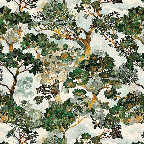 Cedar And Sage Forest Trees by QT Fabrics 31854-Q Dusty Aqua sold by the 1/2 yd.