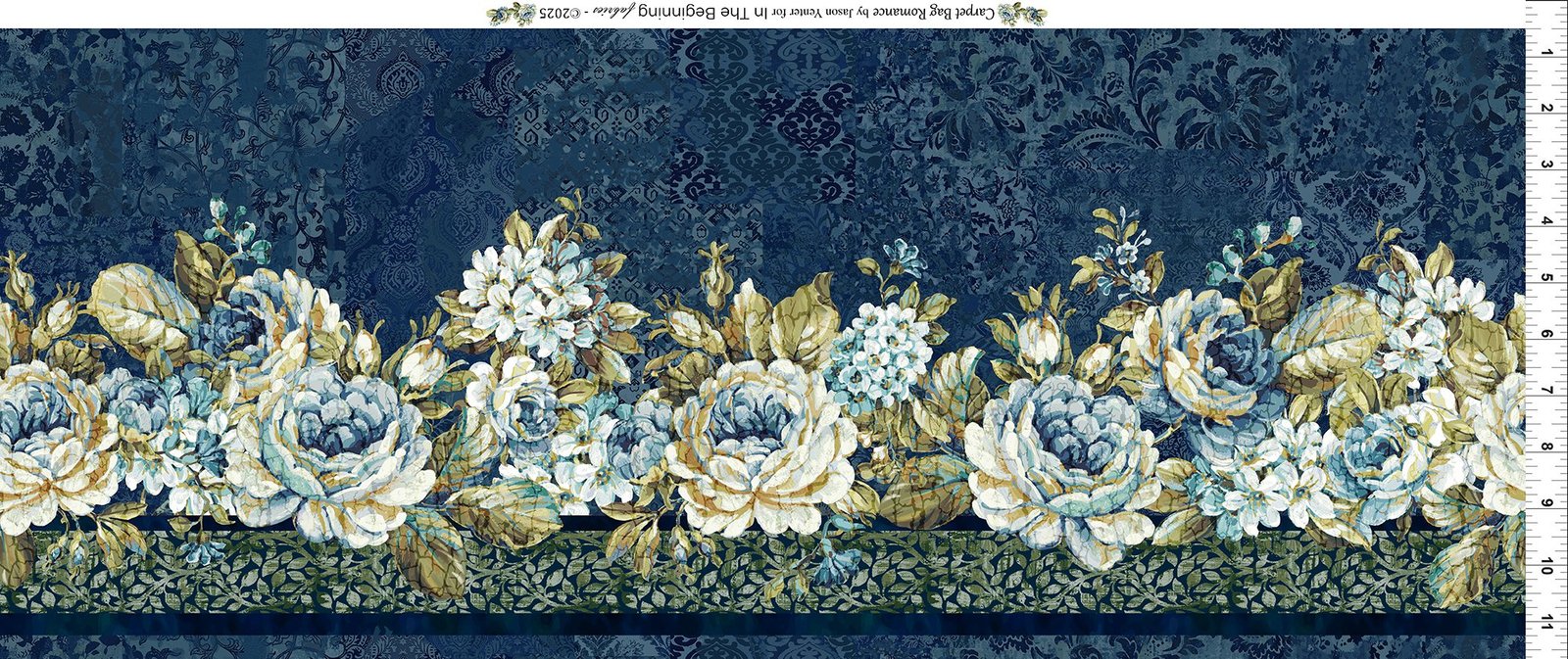 Carpet Bag Romance Border Stripe by Jason Yenter for In The Beginning Fabrics 2CBR-1 Blue Stripe sold by the 1/2 yd.